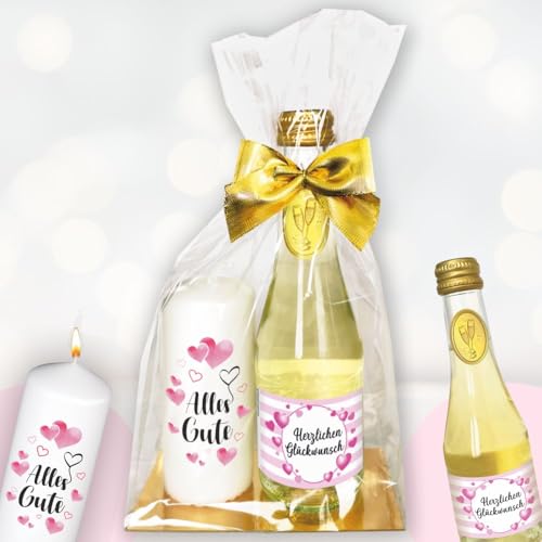 Geschenkset - Piccolo Beerenperlwein "Herzlichen Glückwunsch" & Kerze "Alles Gute" - kreatives Geschenk für Frauen, Muttertag, Geburtstag - Sekt & hochwertige Stumpenkerze, Kleinigkeit zum Genießen von AV Andrea Verlag