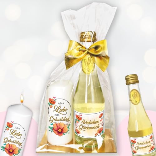 Geschenkset - Piccolo Beerenperlwein "Herzlichen Glückwunsch" & Kerze "Zum Geburtstag" - kreatives Geschenk für Frauen, Geburtstag - Sekt & hochwertige Stumpenkerze, Kleinigkeit zum Genießen von AV Andrea Verlag