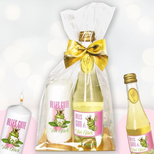 Geschenkset - Piccolo Beerenperlwein & Kerze "Alles Gute und Viel Glück, Froschkönig" - kreatives Geschenk für Frauen, Muttertag, Geburtstag - Sekt & hochwertige Stumpenkerze, Kleinigkeit zum Genießen von AV Andrea Verlag