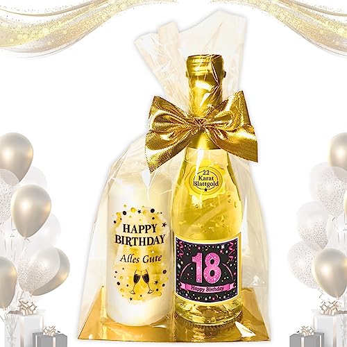 Hochwertiges Geschenkset - Piccolo 22 Karat Blattgold „18 Happy Birthday“ PINK mit Geburtstagskerze - Secco Sekt mit Stumpenkerze Kerze | Geschenk zum 18. Geburtstag Pfeif auf's Alter von AV Andrea Verlag