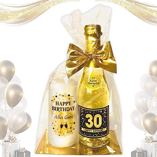 Hochwertiges Geschenkset - Piccolo 22 Karat Blattgold „30 Happy Birthday“ GOLD mit Geburtstagskerze - Secco Sekt mit Stumpenkerze Kerze | Geschenk zum 30. Geburtstag Pfeif auf's Alter von AV Andrea Verlag