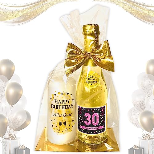 Hochwertiges Geschenkset - Piccolo 22 Karat Blattgold „30 Happy Birthday“ PINK mit Geburtstagskerze - Secco Sekt mit Stumpenkerze Kerze | Geschenk zum 30. Geburtstag Pfeif auf's Alter von AV Andrea Verlag