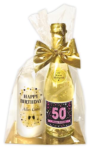 Hochwertiges Geschenkset - Piccolo 22 Karat Blattgold „50 Happy Birthday“ PINK mit Geburtstagskerze - Secco Sekt mit Stumpenkerze Kerze | Geschenk zum 50. Geburtstag Pfeif auf's Alter von AV Andrea Verlag