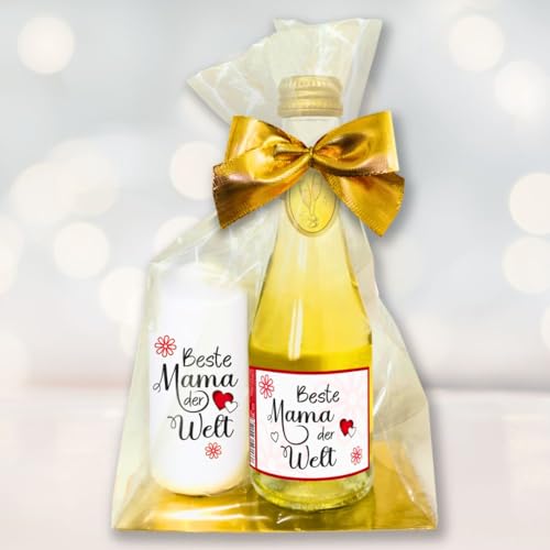 Hochwertiges Geschenkset zum Muttertag - Piccolo Beerenperlwein und Kerze "Beste Mama der Welt" - Secco Sekt und Stumpenkerze | Geschenkkerze mit Herz von AV Andrea Verlag