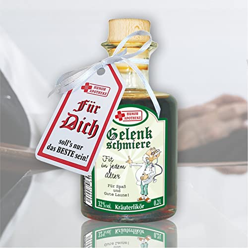 Kräuterlikör - Gelenkschmiere Arzt Fit im Ruhestand - 0,2 L 32% vol. Apothekerflasche Natur Holz Korken | Geschenk zum Ruhestand für Rentner Opa | Humorapotheke Spaßmedizin von AV Andrea Verlag