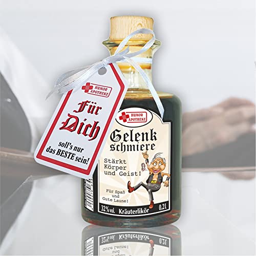 Kräuterlikör - Gelenkschmiere Rocker stärkt Körper und Geist- 0,2 L 32% vol. Apothekerflasche Natur Holz Korken | Geschenk zum Ruhestand für Rentner Opa | Humorapotheke Spaßmedizin von AV Andrea Verlag