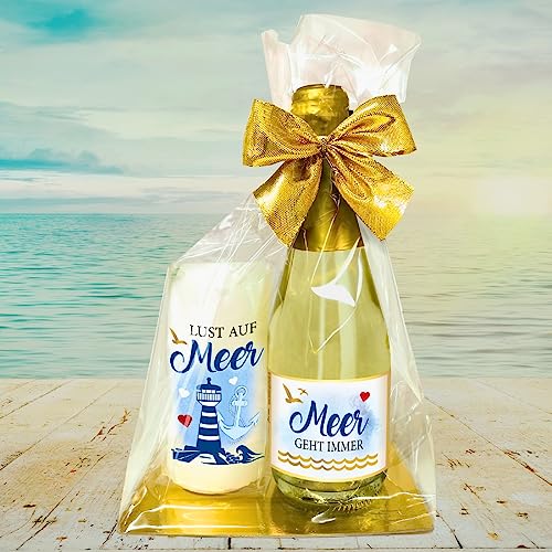 Maritimes Geschenkset - Piccolo Beerenperlwein Meer geht immer mit Kerze "Lust auf Meer" - Secco Sekt mit Stumpenkerze als Geschenk | Möwe Leuchtturm Meer See Anker Heimathafen von AV Andrea Verlag