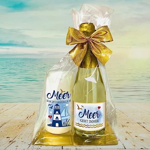 Maritimes Geschenkset - Piccolo Beerenperlwein Meer geht immer mit Kerze "Meer macht Glücklich" - Secco Sekt mit Stumpenkerze als Geschenk | Möwe Leuchtturm Meer See Anker Heimathafen von AV Andrea Verlag