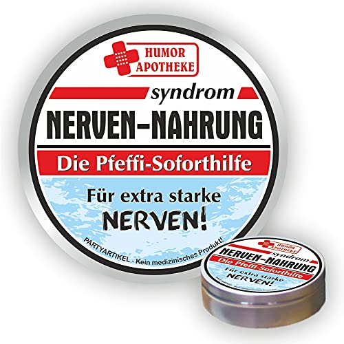 Pfefferminz Bonbon Metalldose - Nervennahrung, Für extra starke Nerven - Soforthilfe | Humorapotheke Spaßmedizin Humormedizin | Pfefferminzdragees | Dose Blechdose Pillendose von AV Andrea Verlag