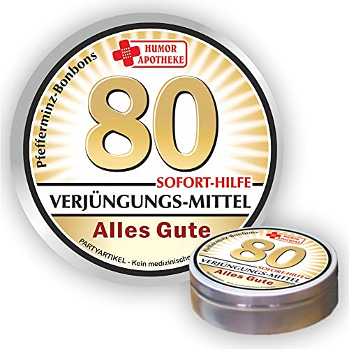 Pfefferminz Bonbon Metalldose - Zum 80. Geburtstag, Verjüngungsmittel Alles Gute - Soforthilfe | Humorapotheke Spaßmedizin Humormedizin | Pfefferminzdragees | Dose Blechdose Pillendose von AV Andrea Verlag