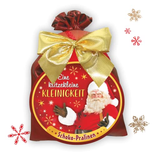 Schokosäckchen - Eine klitzekleine Kleinigkeit - Geschenk Mitbringsel zu Weihnachten. Witzige Geschenkidee mit Schokoladenpralinen im Taft Sack mit goldener Schleife von AV Andrea Verlag