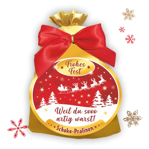 Schokosäckchen - Weil du so artig warst - Geschenk Mitbringsel zu Weihnachten. Witzige Geschenkidee mit Schokoladenpralinen im Taft Sack mit roter Schleife von AV Andrea Verlag