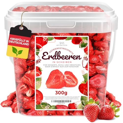 Erdbeeren gefriergetrocknet in Scheiben, 300g gefriergetrocknete Früchte, 100% natürliche, ungezuckerte fruchtige Erdbeerchips, getrocknete Erdbeeren ohne Zusatzstoffe von AVIDA · ZEN