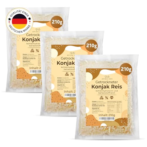 Konjak Reis, Zero Reis kohlenhydratarm, Shirataki Reis kalorienarm, Konjak Reis getrocknet 3x210g ballaststoffreich Keto freundlich, Konjakreis glutenfrei und vegan, Konjac rice wenig Kalorien von AVIDA ZEN