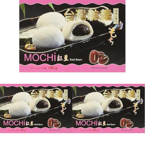 AWON Mochi Rote Bohnen, kleine Klebreiskuchen, als Nachtisch oder als süßer Snack zwischendurch (1 x 180 g mit 6 Mochis pro Packung) (Packung mit 3) von AWON