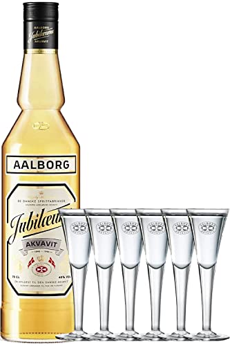 Aalborg Jubiläums Akvavit braun 1,0 Liter + 6er Set Gläser mit Eichstrich 2 cl von Aalborg Jubiläums Akvavit braun 1,0 Liter + 6er Set Gläser mit Eichstrich 2 cl