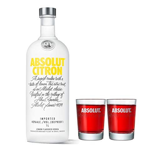 Absolut Vodka Citron Set mit 2 Shot Gläsern, Wodka, Schnaps, Spirituose, Alkohol, Alkoholgetränk, Flasche, 40%, 1 L von Absolut Vodka