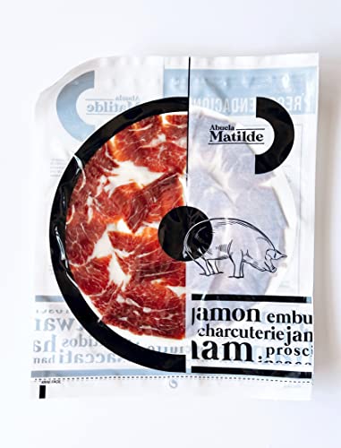 1 x 80 g Spanischer Iberico Schinken Pata Negra 50% Iberischer Rasse Vakuumverpackt – Jamon von Hand Geschnitten von einem Schinkenmeister - Spanische Spezialitäten – Abuela Matilde von Abuela Matilde