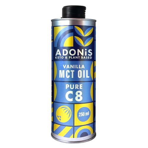 Adonis Keto Vanille C8 MCT-Öl (250 ml) | 100% C8-Caprylsäure | 100% Kokosöl | Effiziente Energiequelle Mit Kaffee oder Shakes mischen | Ketogen Vegan | Mit wenig Kohlenhydraten | Vanille-Geschmack von Adonis