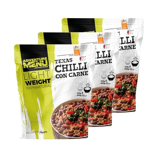 3x Chili con Carne mit 691 kcal | 100% natürlich | Lightweight | haltbare Premium Trekking Nahrung für Outdoor, Camping, Sport, Bushcraft, Survival - MRE meal ready to eat, Outdoornahrung von Adventure Menu