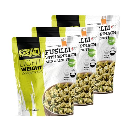 3x Fusilli mit Spinat und Walnüssen | Vegan | 770 kcal | 100% natürlich | Lightweight | haltbare Premium Trekking Nahrung für Outdoor, Camping, Sport, Bushcraft, Survival - MRE meal ready to eat von Adventure Menu