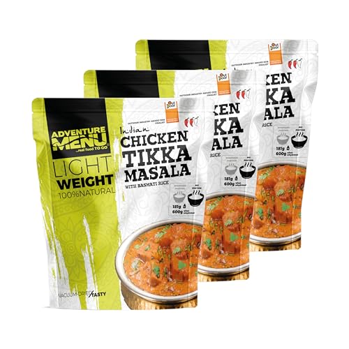 3x Hühnchen Tikka Masala mit Basmatireis | 789 kcal | 100% natürlich | Lightweight | haltbare Premium Trekking Nahrung für Outdoor, Camping, Sport, Bushcraft, Survival - MRE meal ready to eat von Adventure Menu