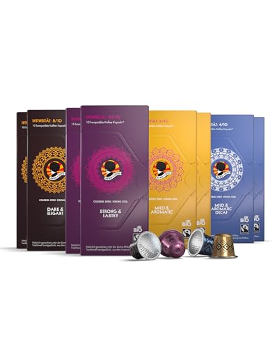 AFRO COFFEE 80 Kaffeekapsel Probierset 2x4 Sorten mit Decaf I Premium Kaffee Kapseln Bio Fairtrade I Arabica und Robusta I in kompatiblen Kaffeekapseln* I Ostafrika Kaffee I säurearm, entkoffeiniert von Afro Coffee