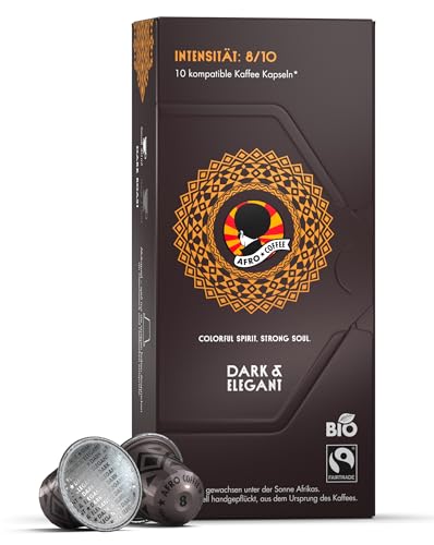 AFRO COFFEE Dark & Elegant Bio I 10 Premium Kaffee Kapseln Fairtrade I 100% Arabica I in kompatiblen Kaffeekapseln* I Äthiopien I Bitterschokolade I dunkel geröstet & säurearm von Afro Coffee