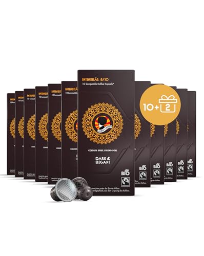 AFRO COFFEE Dark & Elegant Bio I Angebot 10+2 I 120 Premium Kaffee Kapseln Fairtrade I 100% Arabica I in kompatiblen Kaffeekapseln* I Äthiopien I Bitterschokolade I dunkel geröstet & säurearm von Afro Coffee