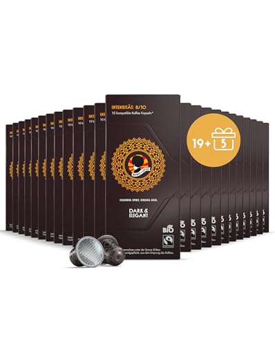 AFRO COFFEE Dark & Elegant Bio I Angebot 19+5 I 240 Premium Kaffee Kapseln Fairtrade I 100% Arabica I in kompatiblen Kaffeekapseln* I Äthiopien I Bitterschokolade I dunkel geröstet & säurearm von Afro Coffee