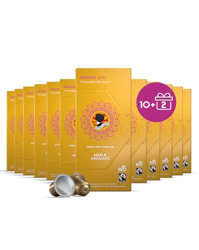 AFRO COFFEE Mild & Aromatic Bio I Angebot 10+2 I 120 Premium Kaffee Kapseln Fairtrade I Arabica & Robusta I in kompatiblen Kaffeekapseln* I blumiger Kaffee aus Ostafrika I mittel geröstet & säurearm von Afro Coffee