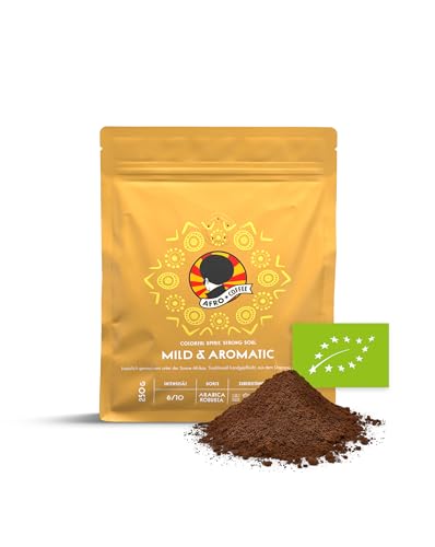 AFRO COFFEE Mild & Aromatic I 250g Premium Bio Kaffeepulver Fairtrade I Arabica & Robusta Kaffee Pulver I Kaffee gemahlen aus Ostafrika mit blumiger Note I handgepflückt, mittel geröstet, säurearm von Afro Coffee