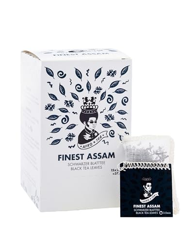 Afro Tea Finest Assam (Schwarzer Blatttee) Premium Tee in 15 Musselin-Teebeutel, je 2,5 Gramm, handgenäht. Erlesene Pflanzen bester Qualität - Schwarztee - niedriger Koffeingehalt von Afro Coffee