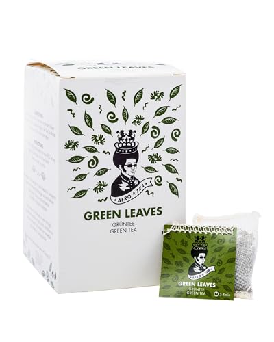 Afro Tea Green Leaves (Grüntee) Premium Tee in 15 Musselin-Teebeutel, je 2,5 Gramm, handgenäht. Erlesene Pflanzen bester Qualität - Grüner Tee Sencha - niedriger Koffeingehalt von Afro Coffee