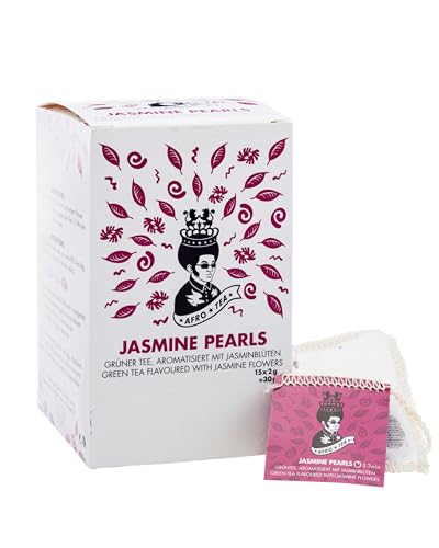 Afro Tea Jasmine Pearls (Grünteespezialität, aromatisiert mit echten Jasminblüten), Premium Tee in 15 Musselin-Teebeutel, je 2 Gramm, handgenäht. Erlesene Pflanzen bester Qualität - Grüner Tee von Afro Coffee