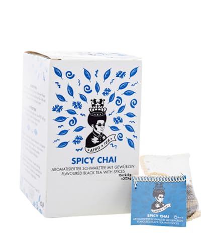 Afro Tea Spicy Chai (Aromatisierter Schwarztee mit Gewürzen) Premium Tee in 15 Musselin-Teebeutel, je 2,5 Gramm, handgenäht. Erlesene Pflanzen bester Qualität - Schwarztee - niedriger Koffeingehalt von Afro Coffee