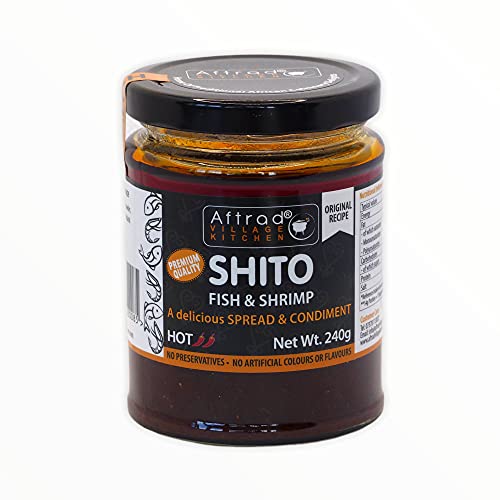 Aftrad Village Kitchen Shito 240 g, heiß – eine ghanaische Chilisauce aus Räucherfisch und Garnelen. Ein leckeres Gewürz für alle gekochten Mahlzeiten. Kann als Dips, Aufstriche und in Saucen verwendet werden. (heiß, 240 g) von Aftrad Village Kitchen