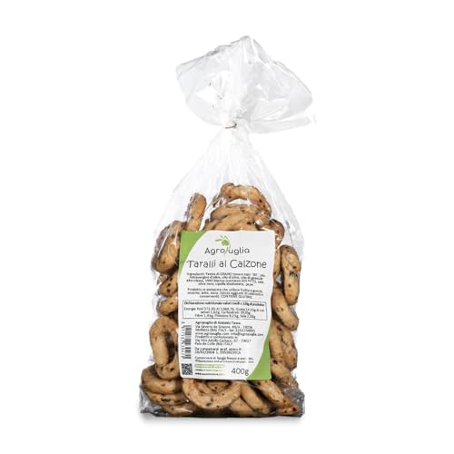 AGROPUGLIA - Apulische Taralli "Calzone" - Reichhaltiges und schmackhaftes Aroma mit schwarzen Oliven und Zwiebeln, perfekt für Snacks und Aperitifs, 400g von Agropuglia