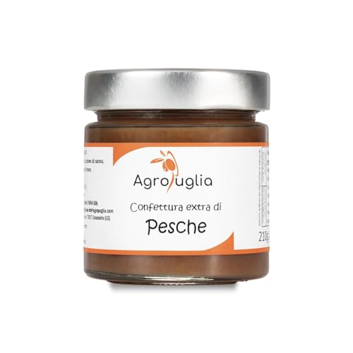 AGROPUGLIA Extra Pfirsichkonfitüre - Handgemachte Konfitüre mit frischem Pfirsichpüree - Ohne Konservierungsstoffe - Reichhaltiger und natürlicher Geschmack, 210g von Agropuglia