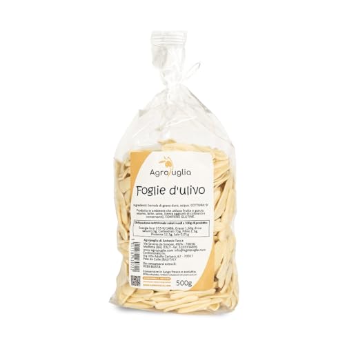 AGROPUGLIA Foglie D'Ulivo - Handgemachte Pasta mit Hartweizengrieß - Ohne Farbstoffe und Konservierungsstoffe - Kochzeit 9 Minuten, 500g von Agropuglia