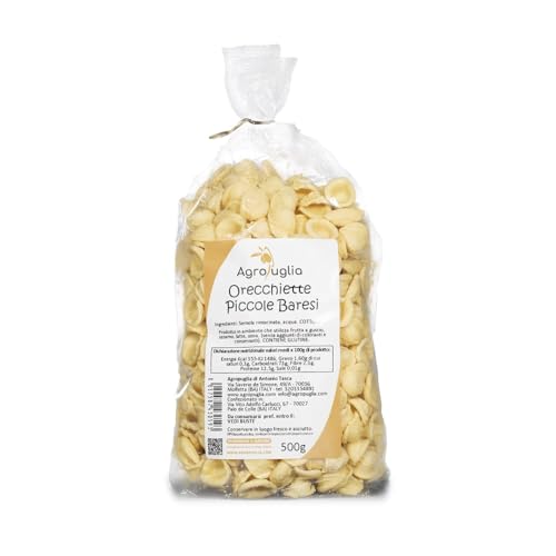 AGROPUGLIA Kleine Baresi Orecchiette - Handgemachte Pasta mit gemahlenem Hartweizengrieß - Ohne Farbstoffe und Konservierungsstoffe - Kochzeit 9 Minuten, 500g von Agropuglia