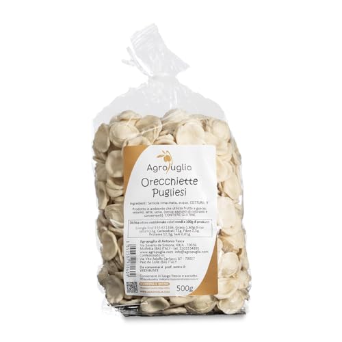 AGROPUGLIA Orecchiette Pugliesi - Handgemachte Pasta mit gemahlenem Hartweizengrieß - Ohne Farbstoffe und Konservierungsstoffe - Kochzeit 9 Minuten, 500g von Agropuglia