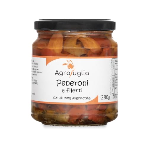 AGROPUGLIA Paprikafilets - Geschnittene Rote und Gelbe Paprika in Nativem Olivenöl Extra - Hochwertige Essiggurken, 280g von Agropuglia