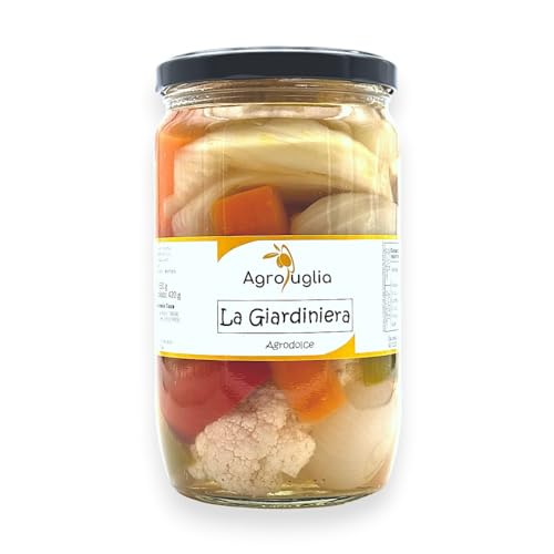 AGROPUGLIA Pugliese Giardiniera - Mit Blumenkohl, Fenchel, Gelber und Roter Paprika, Frühlingszwiebel - Hochwertige Essiggurken in Nativem Olivenöl Extra, 650g von Agropuglia