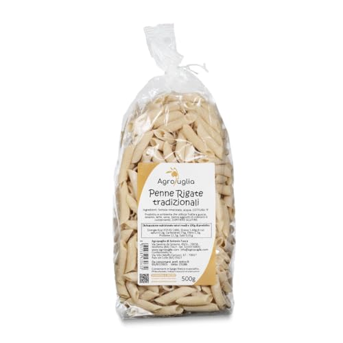 AGROPUGLIA Traditionelle gerillte Penne - Handgemachte Pasta mit gemahlenem Hartweizengrieß - Ohne Farbstoffe und Konservierungsstoffe - Kochzeit 9 Minuten, 500g von Agropuglia