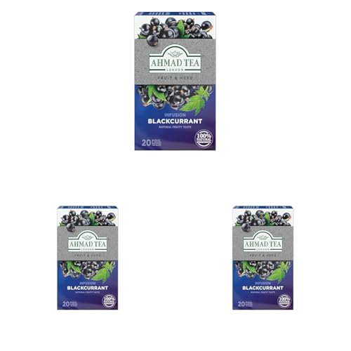 Ahmad Tea - Blackcurrant - Früchte- und Kräutertee ohne Koffein - Schwarze Johannisbeere - Einzeln Verpackte, Aromaversiegelte Teebeutel mit 2g Tee pro Portion - 20 Teebeutel mit Band (Packung mit 3) von Ahmad Tea