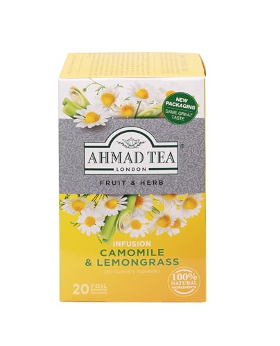 Ahmad Tea - Camomile & Lemongrass - Früchte- und Kräutertee ohne Koffein - Kamille und Zitronengras - Einzeln Verpackte, Aromaversiegelte Teebeutel mit 2g Tee pro Portion - 20 Teebeutel mit Band von Ahmad Tea