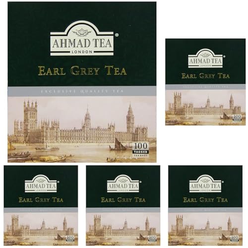 Ahmad Tea Earl Grey Schwarzer Tee 100 Teebeutel mit Band/Tagged, 200 g (Packung mit 5) von Ahmad Tea