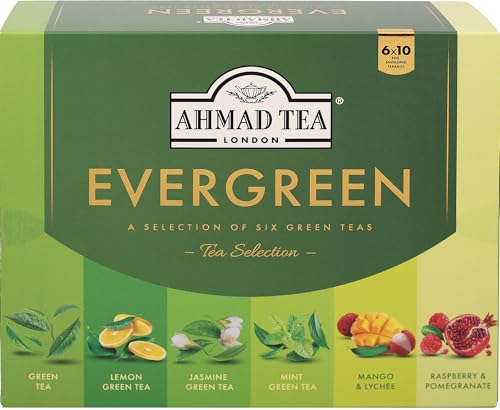 Ahmad Tea Evergreen – Sortiment aus 6 grünen Tees – Pfefferminze, Zitrone, Mango-Litschi, Himbeere-Granatapfel, Jasmin- und Grüntee – 60 einzeln verpackte, aromaversiegelte Teebeutel von Ahmad Tea