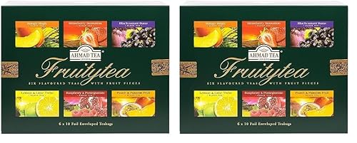 Ahmad Tea - Fruitytea – Schwarz- und Grüntee Sortiment - 6 Sorten – Mango, Erdbeere, Johannisbeere, Zitrone & Limette, Himbeer & Granatapfel, Pfirsich & Passionsfrucht – Aromaversiegelt - 60 Teebeutel von Ahmad Tea